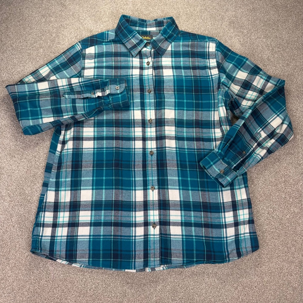 Cabela Womens XL Regular Teal Blue Plaid Flannel Shirt Long Sleeve Cotton Button